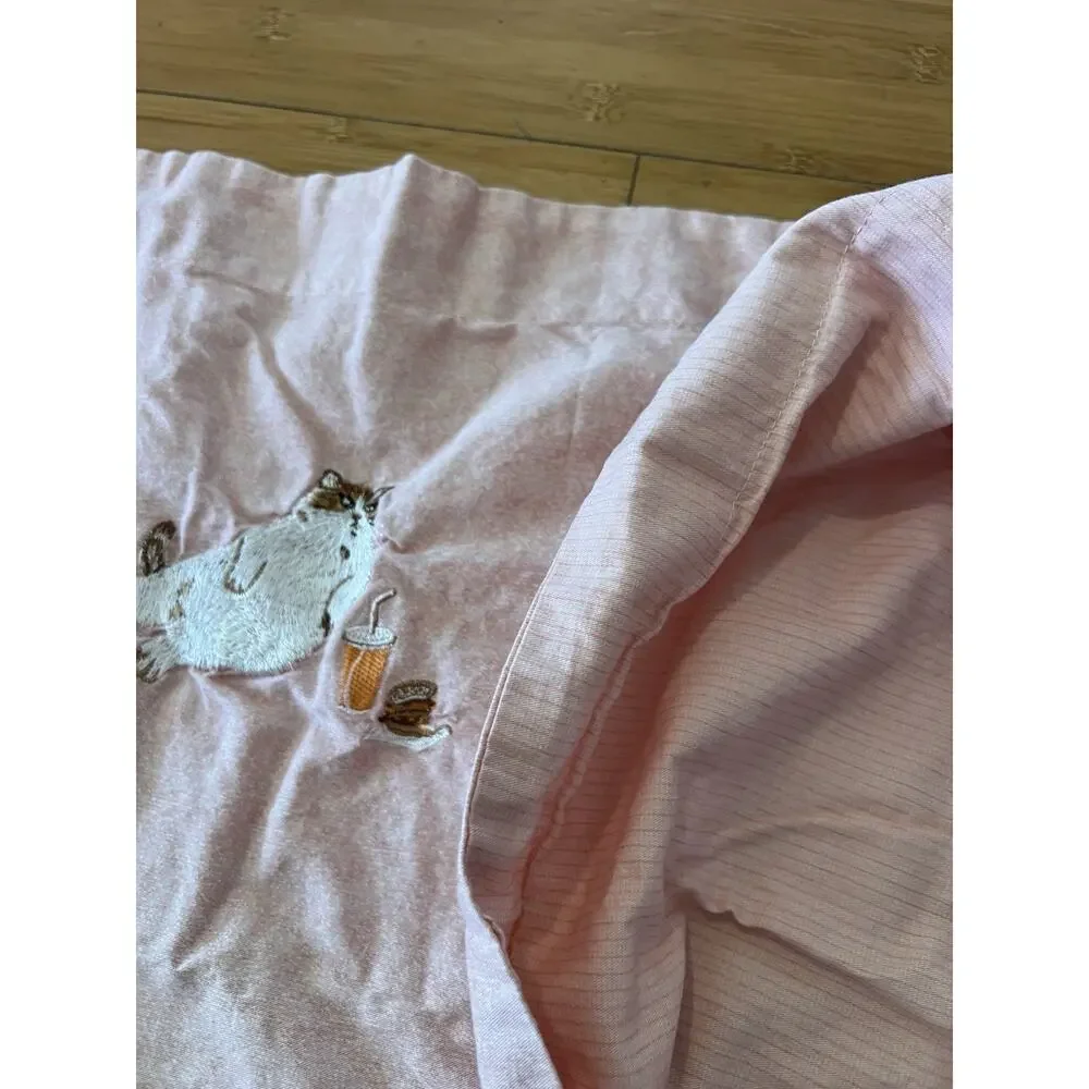 Pink Full Size Sheet Set white embroidered Cat With Drink And Burger 2PCs Cotton